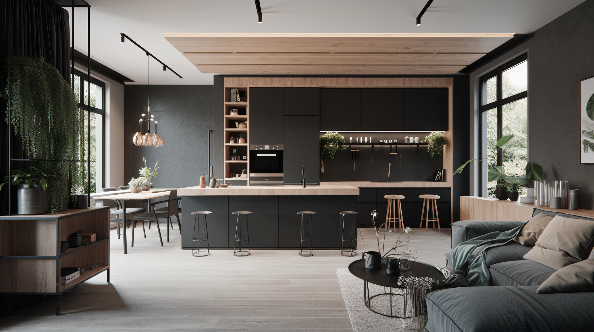Ariet - Fotka modernej obývačky s kuchyňou